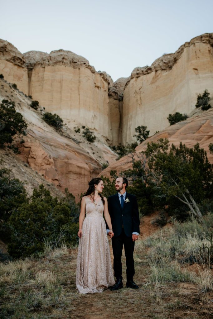 bride and groom standing in front of a canyon in Abiquiu, NM