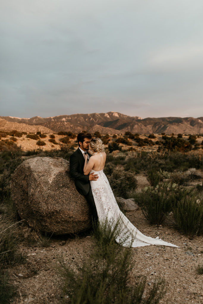 bride and groom leaning into each other against a rock