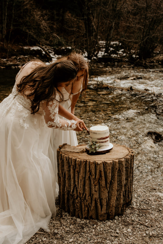 Two brides cutting cake together after their elopement
