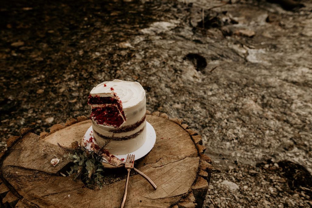 half eaten wedding cake sitting by the river and an elopement