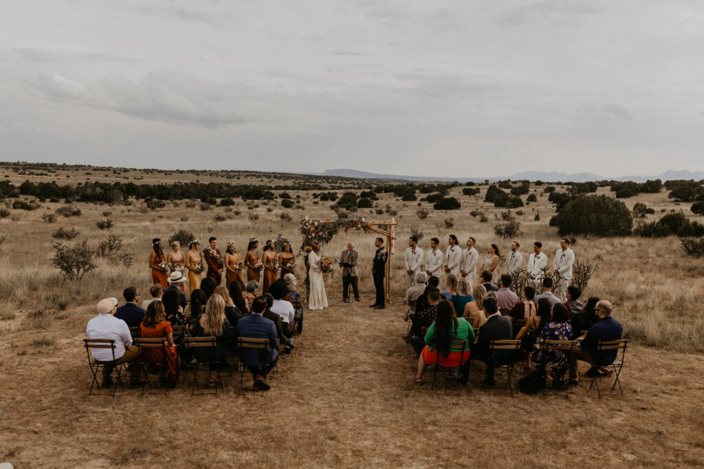 Intimate wedding setup in the desert and a venue in Santa Fe, New Mexico.